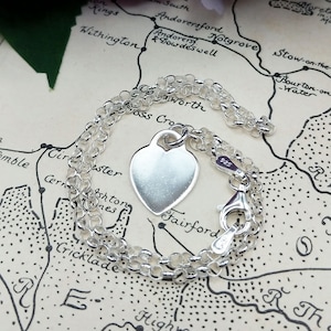 Belcher Anklet with Heart Tag in Sterling Silver, Women's Ankle Bracelet, 10 inch Anklet