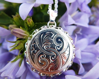 Sterling Silver Round Engraved Locket with Fancy Wire Edge, Vintage Style Photo Locket & Chain