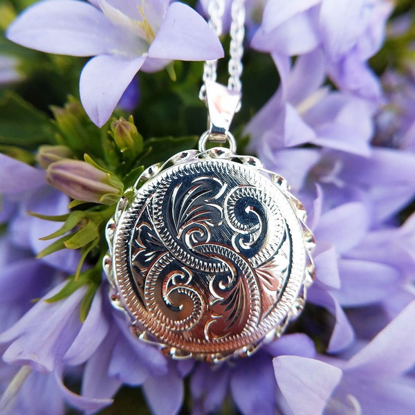 Sterling Silver Round Engraved Locket with Fancy Wire Edge, Vintage Style Photo Locket & Chain