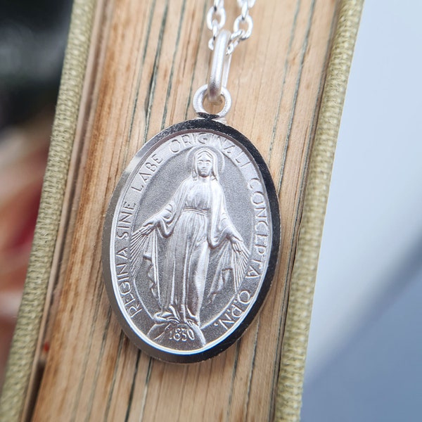 Sterling Silver Miraculous Medal Necklace, Virgin Mary Pendant, Men's Women's