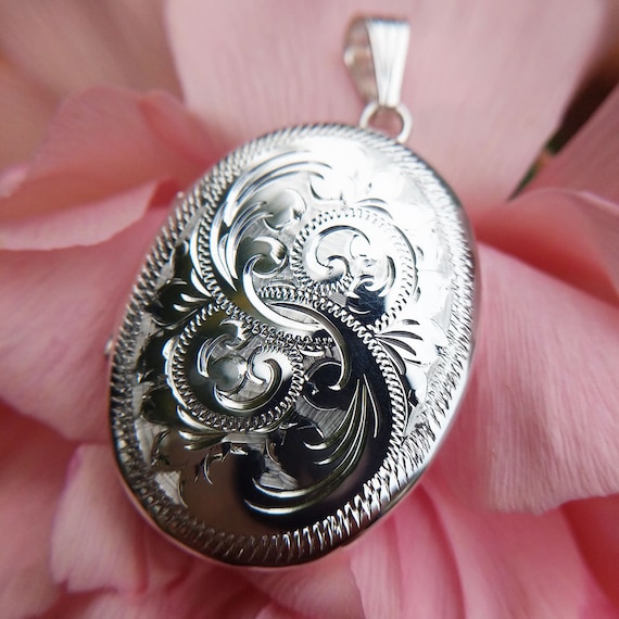 Large Sterling Silver Engraved 4 Photo Family Locket Necklace Vintage Style