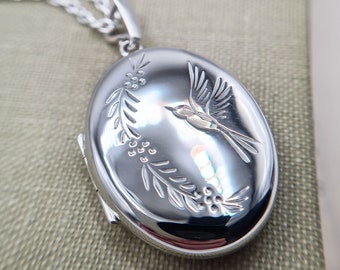 Sterling Silver Oval Locket Chain Necklace with Hummingbird Design, Vintage Style 925 Photo Picture