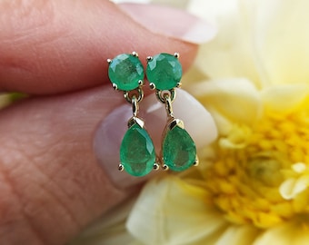 9ct Gold Emerald and Cubic Zirconia Drop dangly earrings Made in UK Gift Boxed 