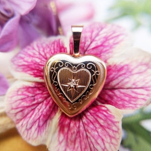 Small Rose Gold Heart Locket Necklace, 9ct Photo Locket & Chain, Diamond Heart Locket