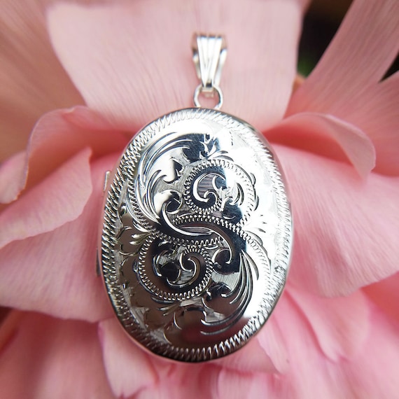 Large Sterling Silver Engraved 4 Photo Family Locket Necklace