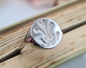 Welsh Signet Ring Men UK, Sterling Silver Feathers Signet Ring, Prince of Wales Signet Ring for Him