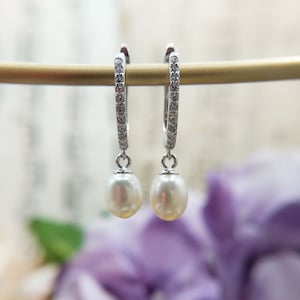 Pearl Dangle Drop Huggie Earrings in Sterling Silver with CZ