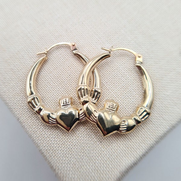 9ct Yellow Gold Celtic Claddagh Hoop Creole Earrings