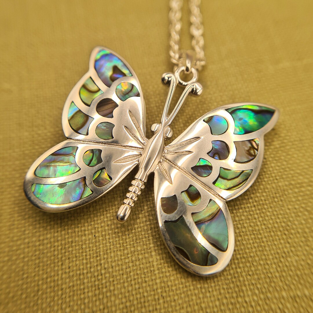 Large Abalone Butterfly Pendant Necklace in Sterling Silver Etsy