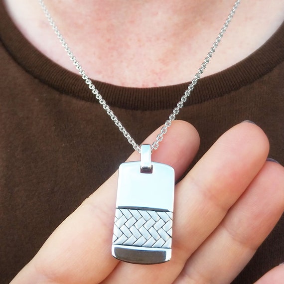 Men s Dog Tag Necklace in Solid Sterling Silver 925 Heavy Pendant Chain Personalised Etsy Canada