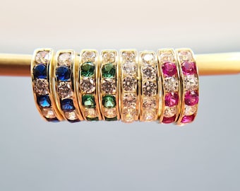 Very Small Huggie Hoop Earrings in 9ct Yellow Gold with CZ » Green, Red, Blue & Clear