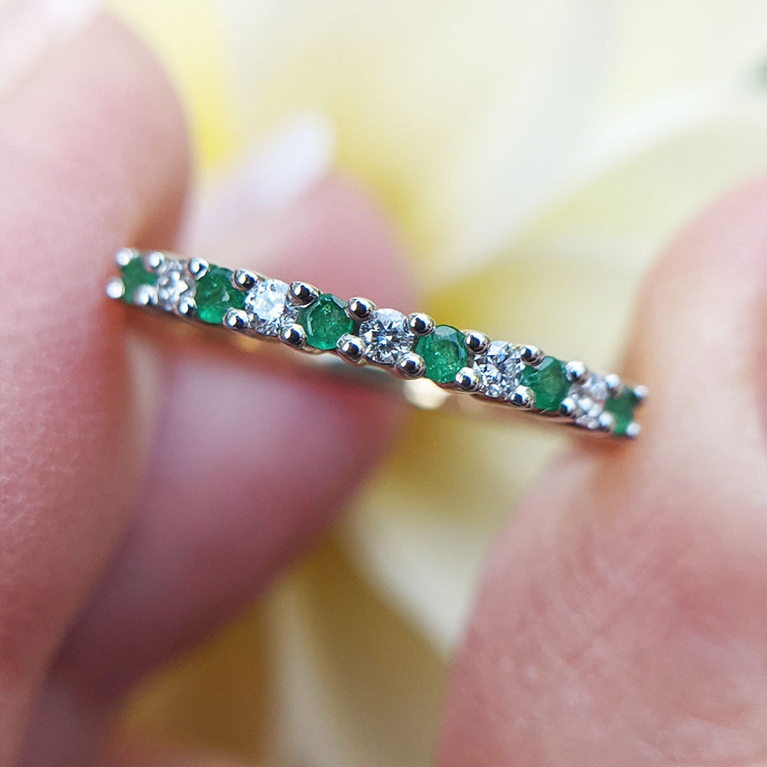 Emerald & Diamond Dainty Stacking Ring in 9ct Yellow Gold - Etsy UK