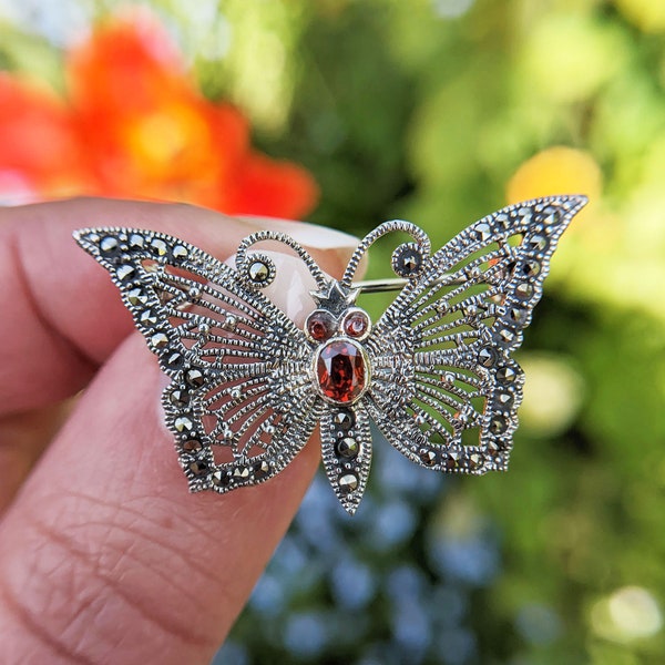 Broche Mariposa de Plata de Ley y Marcasita, Pin Estilo Vintage 925