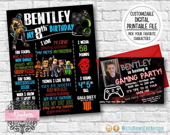 May include: A black and red printable birthday party invitation for a boy named Bentley who is turning 8. The invitation features a video game controller, a photo of the birthday boy, and the text "Bentley is having a Gaming Party!"