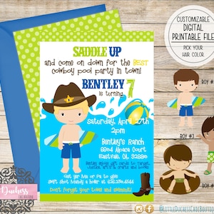 Cowboy Pool Party Birthday Invitation, Pool Party, Boy Party, Cowboy, Boy Birthday Invitation, Polka Dots, Boots, Cowboy, Swimming Party