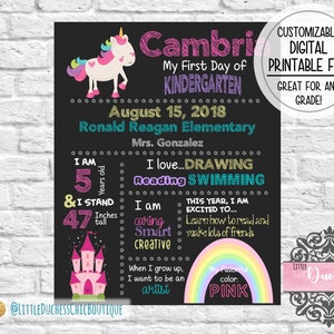 Back to School Unicorn and Rainbow, Chalkboard Sign, First Day of School Poster, All About Me, School Sign, First Day of School, Digital
