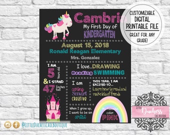 Back to School Unicorn and Rainbow, Chalkboard Sign, First Day of School Poster, All About Me, School Sign, First Day of School, Digital