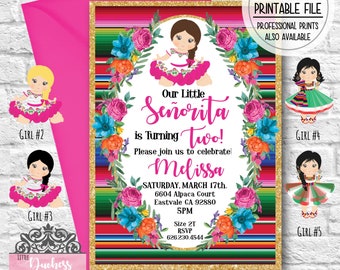 Little Senorita Birthday Invitation, Mexican Girl, Mexican Fiesta Theme Party, Little Girl, Fiesta Birthday, Printable Invitation, Digital