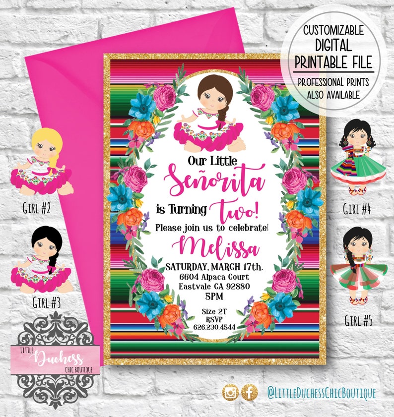 Little Senorita Birthday Invitation, Mexican Girl, Mexican Fiesta Theme Party, Little Girl, Fiesta Birthday, Printable Invitation, Digital image 1
