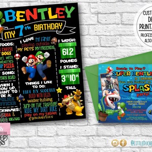 Mario Brothers Geburtstagseinladung, Mario Bro es Birthday, Videospiel Geburtstag, Chalkboard Schild, digitale Einladung, Schwimmparty, Poolparty