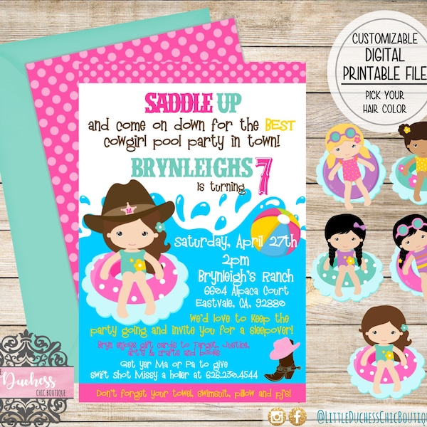 Cowgirl Pool Party Birthday Invitation, Pool Party, Girl Party, Cowgirl, Girl Birthday Invitation, Polka Dots, Cowgirl, Cowboy, Girl Party