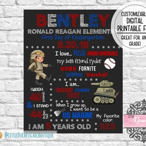Back to School Marine, Chalkboard Sign, Soldier, First Day of School Poster, All About Me, School Sign, First Day of School, Digital