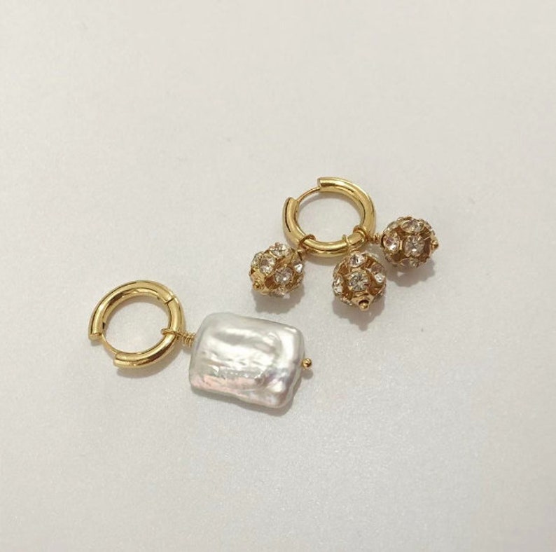 Rhinestone pearl huggies hoop earrings birthday gift idea mix and match asymmetrical