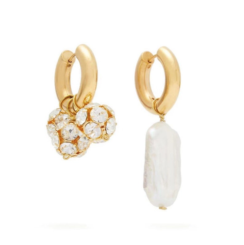 Rhinestone pearl huggies hoop earrings birthday gift idea mix and match asymmetrical