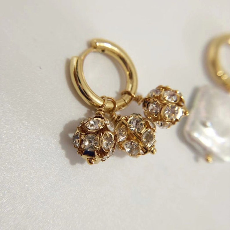 Rhinestone pearl huggies hoop earrings birthday gift idea mix and match asymmetrical