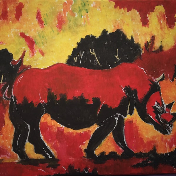 Red Rhino Decor, Original painting, Acrylic Painting, Wall decor, Wall Hanging, House warming gift, animal art, Wall Art, Canvas painting