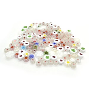 White - Round Shaped Glass Millefiori, 100g (&gt;100 pieces), Dia 9-13mm, Thickness 4-5mm