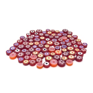 Red - Round Shaped Glass Millefiori, 100g (&gt;100 pieces), Dia 9-13mm, Thickness 4-5mm