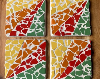 Spring Passion, Handmade Ceramic Mosaic Tiles Coasters - Set of 4