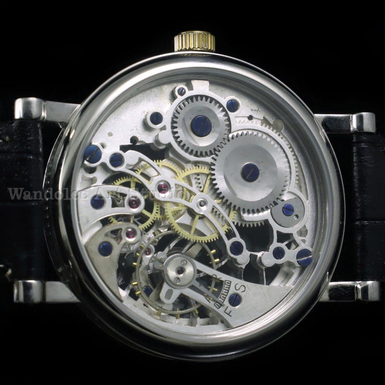 May include: A silver-toned wristwatch with a transparent face, showcasing the intricate internal mechanisms. The watch features numerous gears, jewels, and a gold-colored crown. The black leather band complements the watch's detailed design. The watch is a luxury item.