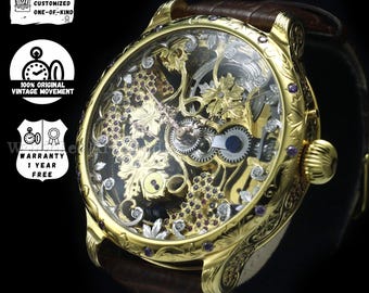 Custom Engraved Gold Plated Skeleton Watch: 1930s Le Coultre Movement, Gemstone Grapes