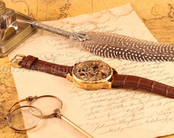 Custom Engraved Gold Plated Skeleton Watch: 1930s Le Coultre Movement, Gemstone Grapes