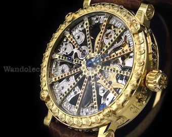 Vintage Skeleton Watch Casino Style: 1895 Swiss Mechanical, Engraved Gold Case, Dial with Stones