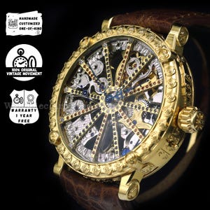 Vintage Skeleton Watch Casino Style: 1895 Swiss Mechanical, Engraved Gold Case, Dial with Stones