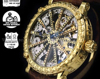 Vintage Skeleton Watch Casino Style: 1895 Swiss Mechanical, Engraved Gold Case, Dial with Stones