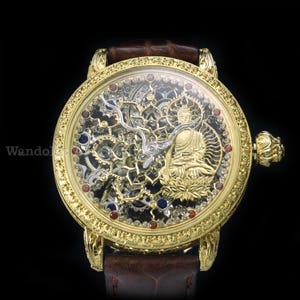 Patek Philippe Skeleton Watch: 1886 with Certificate, Engraved Buddha Dial, 23K Gold