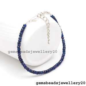 925 Sterling Silver Natural Dainty Beautiful Corundum Blue Sapphire Rondelle Faceted 4mm Gemstone Bracelet/Anklets on gemsbeadsjewellery20
