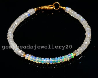 Ethiopian Opal+Rainbow Moonstone Top Quality A+ Genuine Flashy 4-5mm Smooth+Faceted Handmade Bracelet Jewelry Gift / gemsbeadsjewellery20