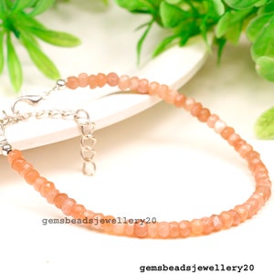 925 Sterling Silver Natural Peach Moonstone Beaded 3-4MM Dainty Beaded jewellery Adjustable Bracelet/Anklet gemsbeadsjewellery20