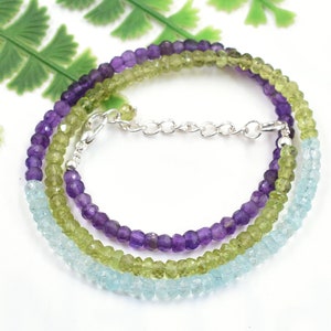 925 Sterling Silver Natural Glorious Amethyst+Peridot+Aquamarine Beaded Necklace jewellery A+ Quality Faceted on gemsbeadsjewellery20