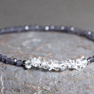 Braccialetto/cavigliera elasticizzato delicato e bellissimo in iolite e quarzo di diamanti Herkimer / Perle di iolite autentiche / regalo da donna / gemsbeadsjewellery20