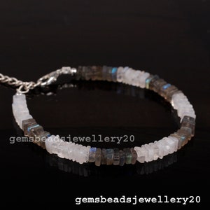 925 Sterling Silver Labradorite+Rainbow Moonstone Heishi Adjustable Bracelet Anklets Smooth Wholesale Genuine beads june birthstone