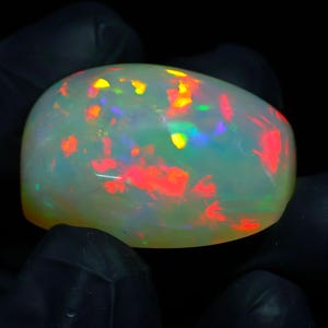 May include: A polished opal gemstone with a rounded shape. The opal displays a milky white base color with vibrant flashes of red, orange, yellow, green, and blue throughout. The gemstone is held against a black background.