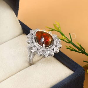 Fire Opal Teardrop Ring Natural Opal Diamond Silver Ring, Gemstone Ring,Silver Ring,  Diamond Ring, Opal Silver Ring, Gift For Her