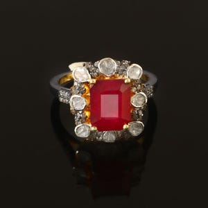 Emerald Cut Ruby Ring with Rose Cut Diamonds in Gold Vermeil Sterling Silver, Emerald Cut Ruby Ring,Ruby Diamond Ring,Rose Cut Diamond Ring,