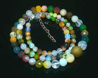 Green Multicolor Beaded Necklace, Natural Stone Style Jewelry, Colorful Boho Statement Necklace, Earthy Bead Jewelry, Gift for Her